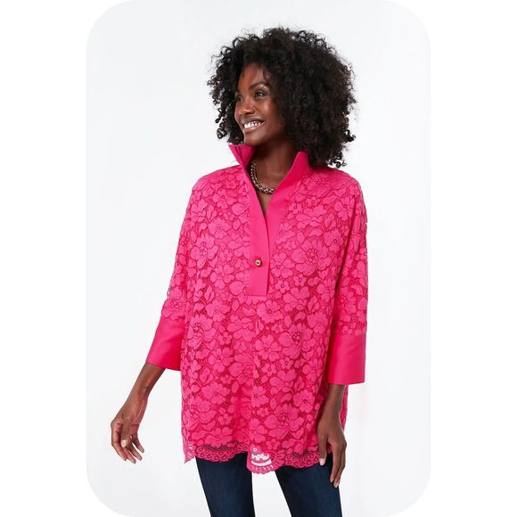 Tuckernuck Lace Willow Blouse Size M Stand Collar Scalloped Hem Desk To Drinks - Picture 1 of 14